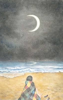 Illustration of girl sitting on beach with checkered blanket around her shoulders gazing out to the sea and crescent moon